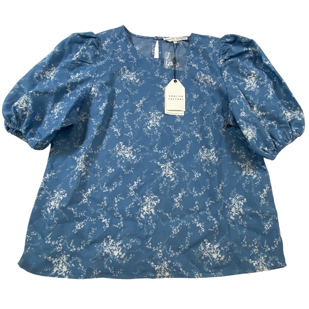English Factory Lyn Top Light Blue Floral Puff Sleeve Blouse HN677T M NEW